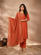 Rust Orange Premium Roman Silk Suit 3 Piece