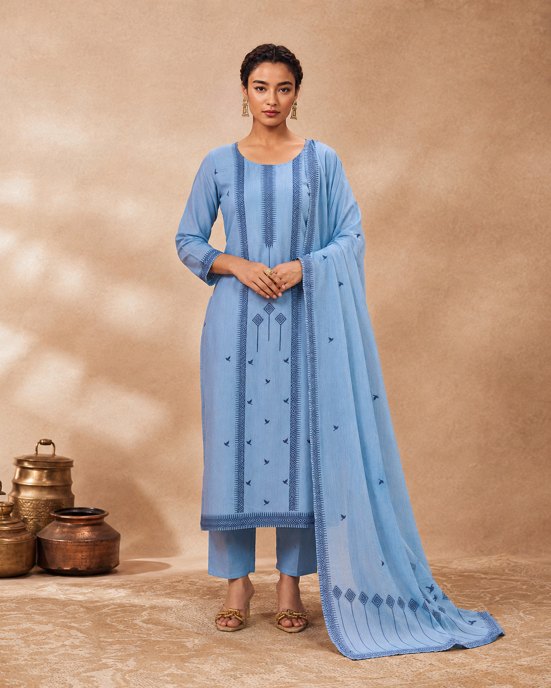Blue 100% Mul Cotton Suit 3 Piece