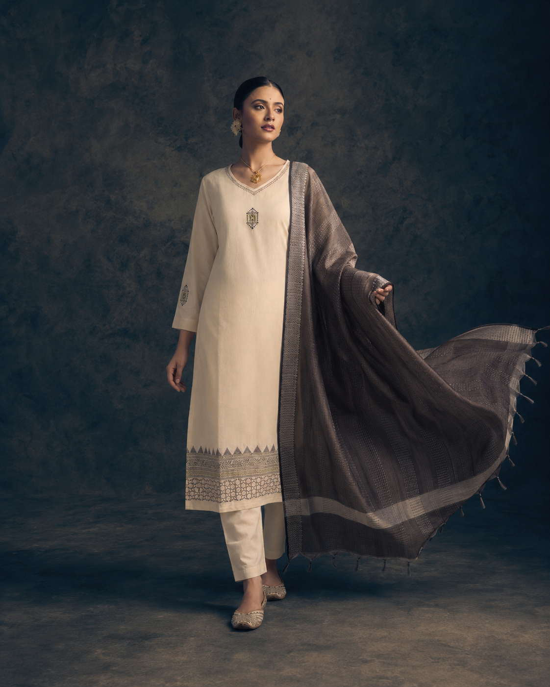Cream 100% Pure Khadi Cotton Suit 3 Piece