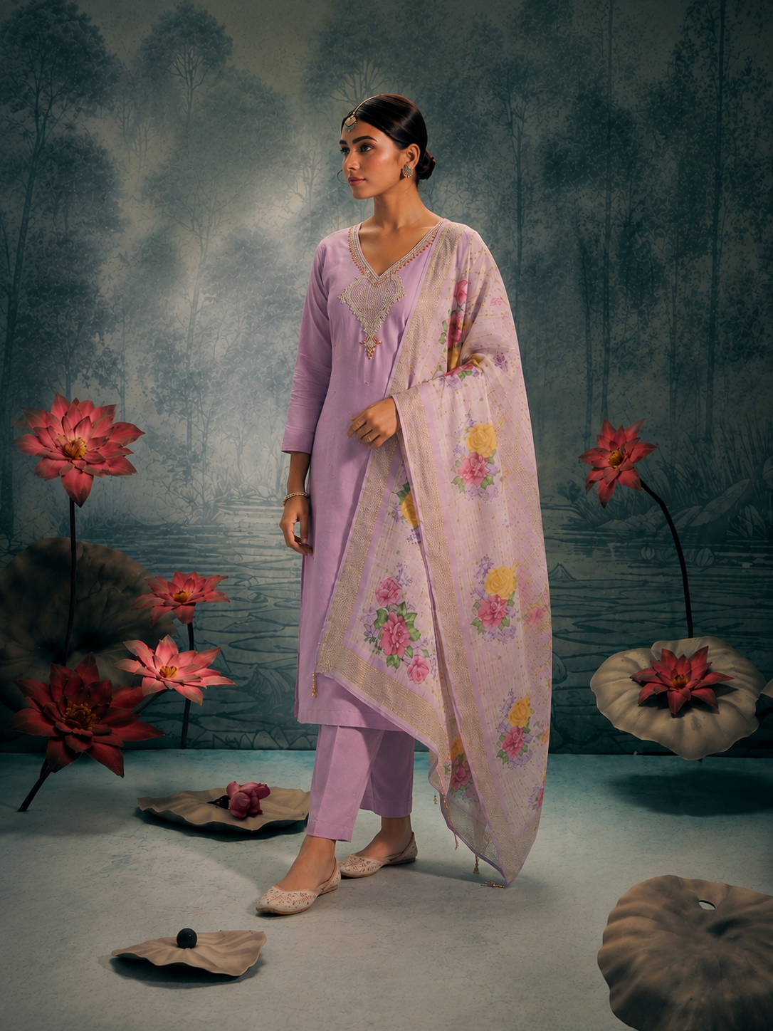 Lavender Premium Mul Chanderi Suit 3 Piece