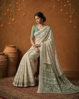 Ivory Sage Green Premium Linen Cotton Saree
