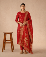 Cheery Red Art Silk Jacquard Suit 3 Piece