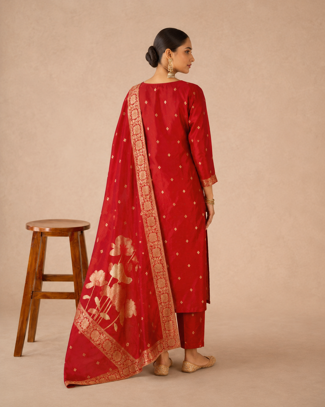 Cheery Red Art Silk Jacquard Suit 3 Piece