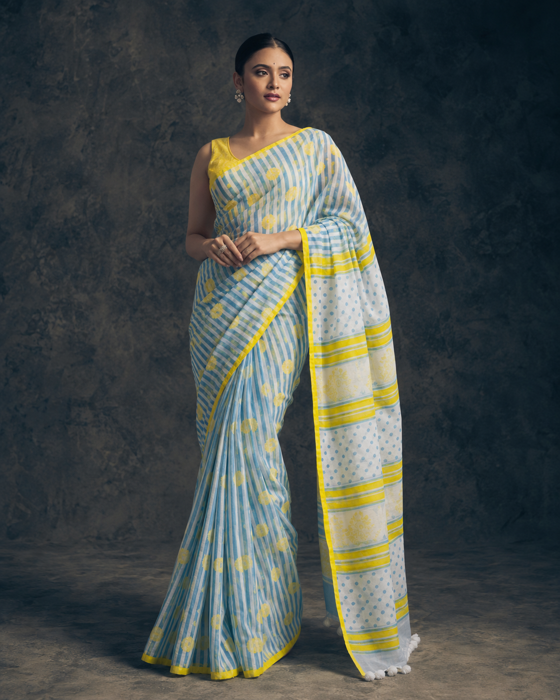 With Yellow Premium Linen Cotton Saree