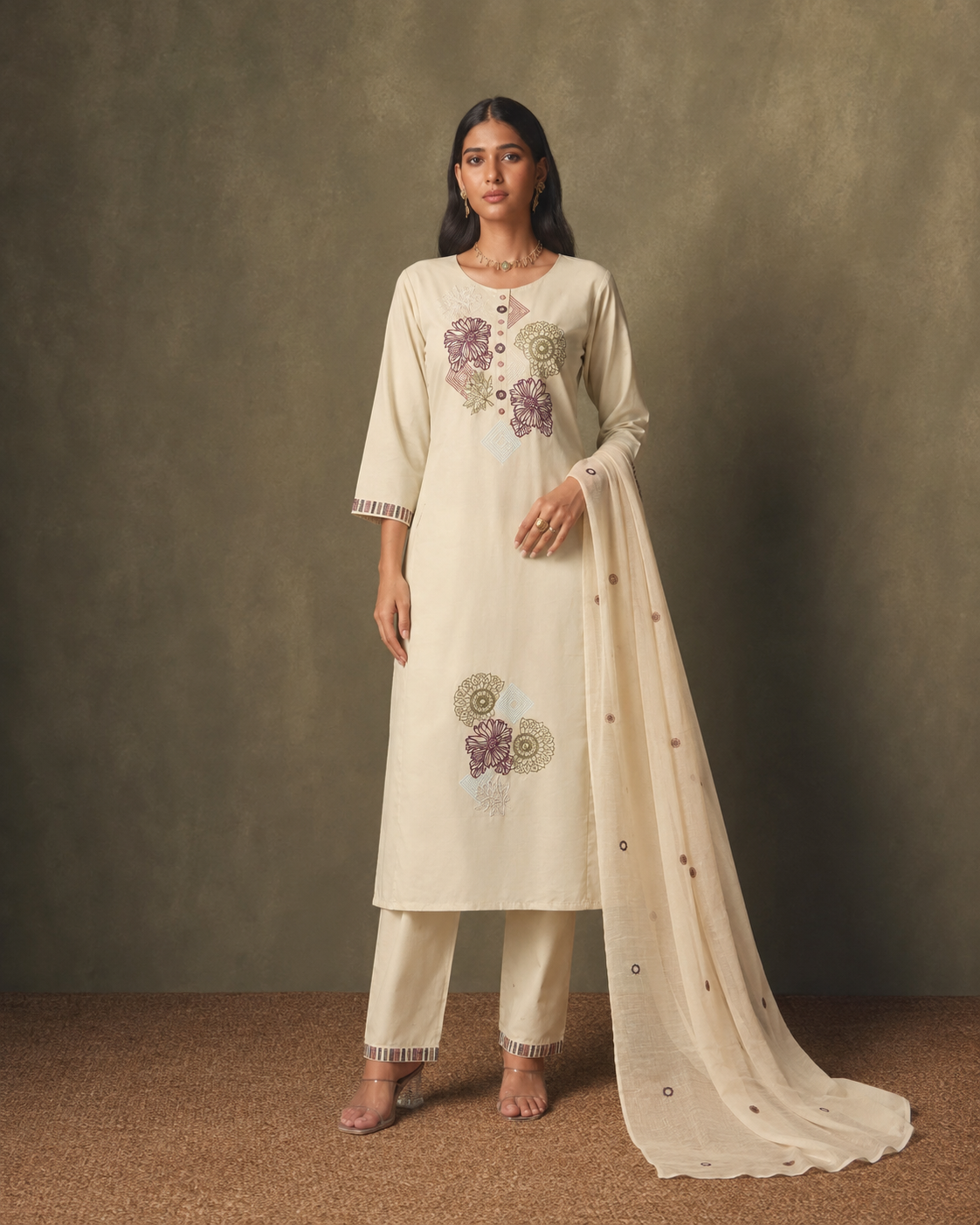 Cream Pure Cotton Suit 3 Piece
