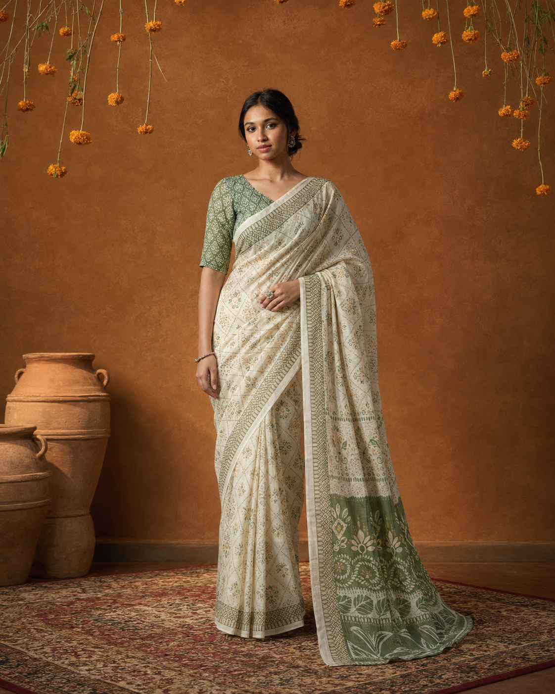 Ivory Sage Green Premium Linen Cotton Saree