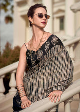 Black Mul Silk Saree with Classic Stripes & Floral Printed Pallu