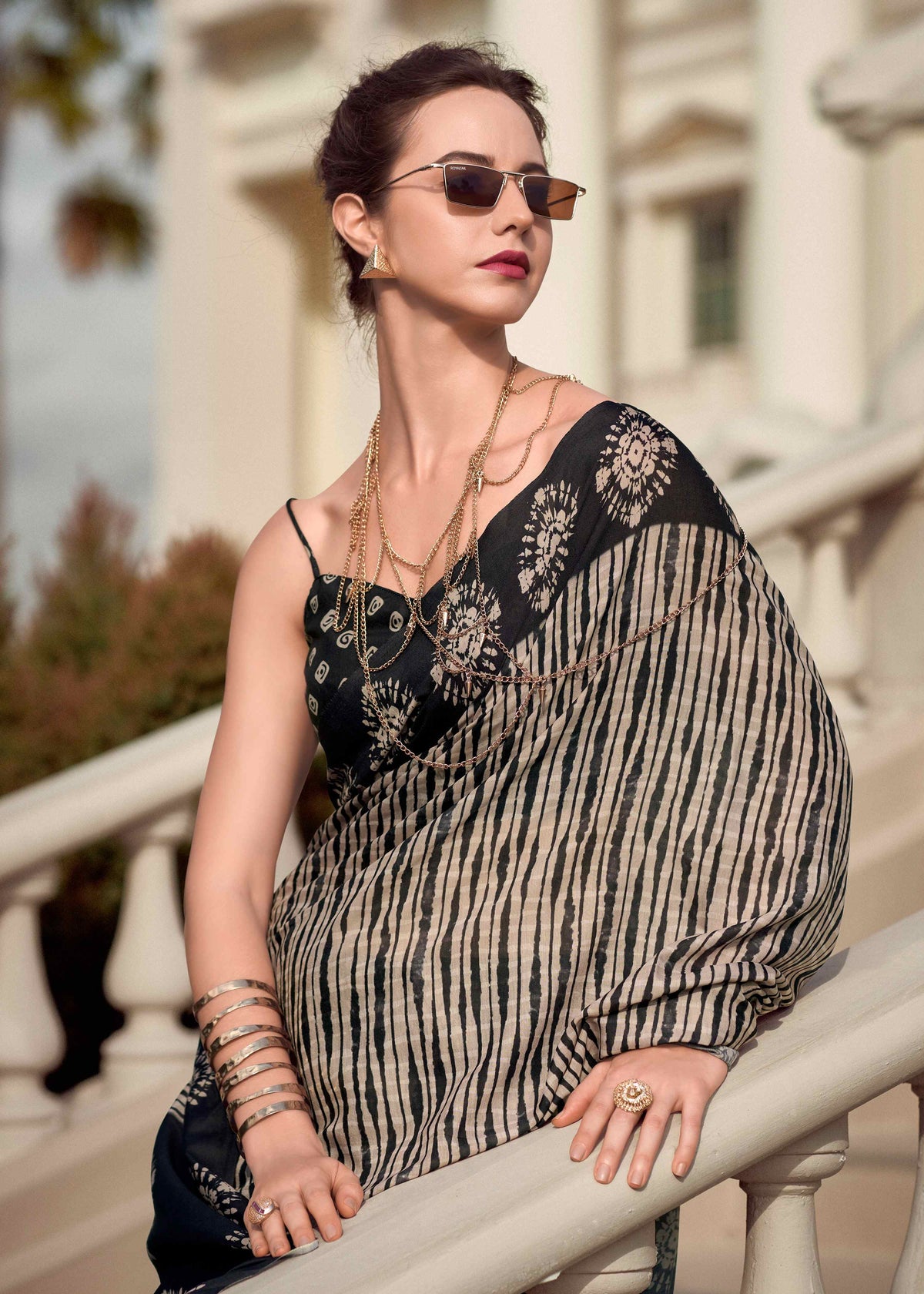Black Mul Silk Saree with Classic Stripes & Floral Printed Pallu