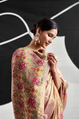 Peach Pink Tissue Silk Saree with Floral Embroidery
