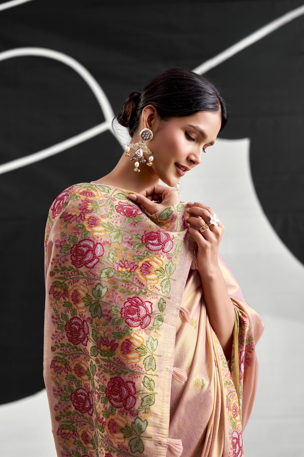 Peach Pink Tissue Silk Saree with Floral Embroidery
