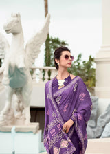 Purple Mul Silk Saree with Delicate Floral Motifs & Artistic Printed Pallu