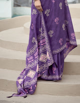 Purple Mul Silk Saree with Delicate Floral Motifs & Artistic Printed Pallu