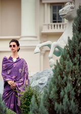 Purple Mul Silk Saree with Delicate Floral Motifs & Artistic Printed Pallu