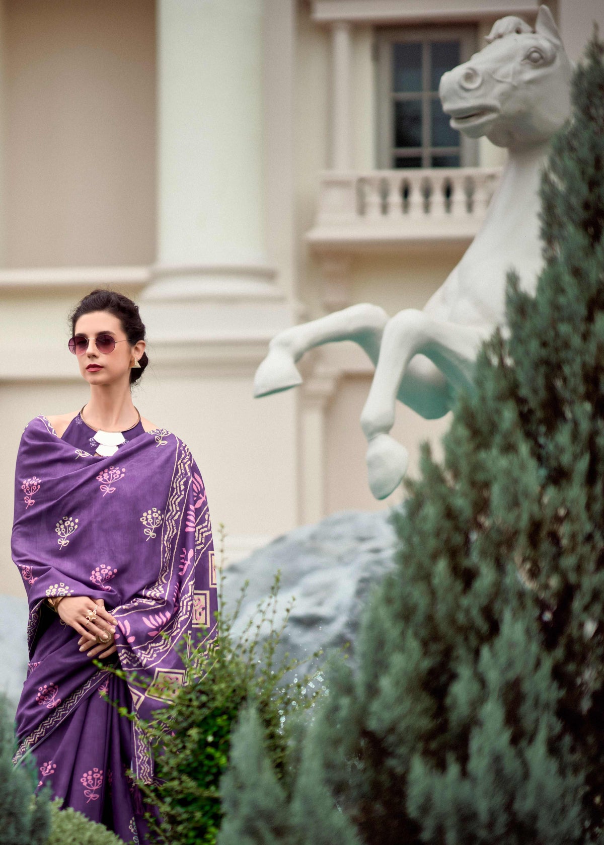 Purple Mul Silk Saree with Delicate Floral Motifs & Artistic Printed Pallu
