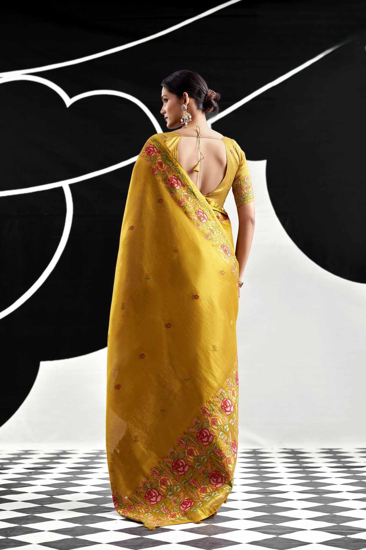 Honey Gold Tissue Silk Saree with Floral Embroidery