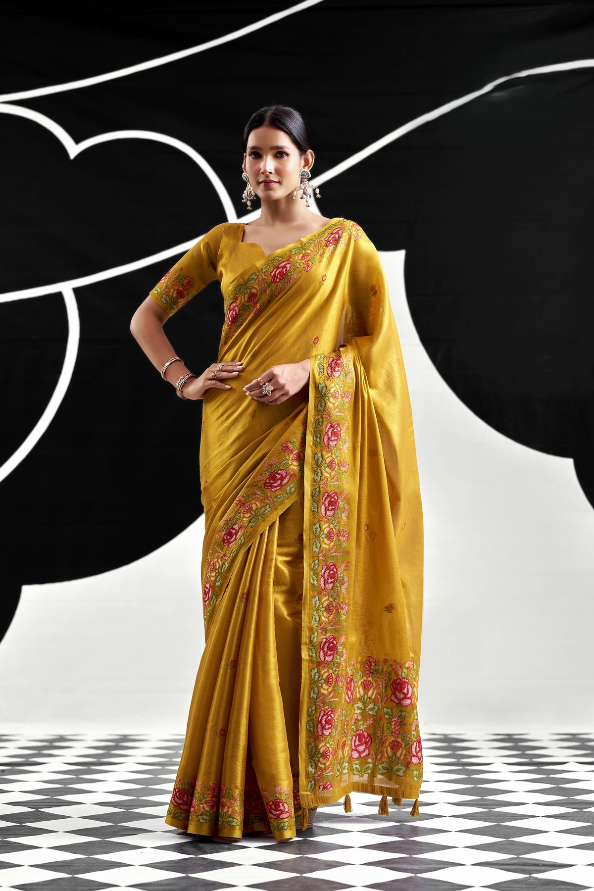 Honey Gold Tissue Silk Saree with Floral Embroidery