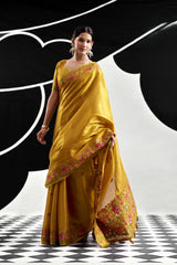 Honey Gold Tissue Silk Saree with Floral Embroidery