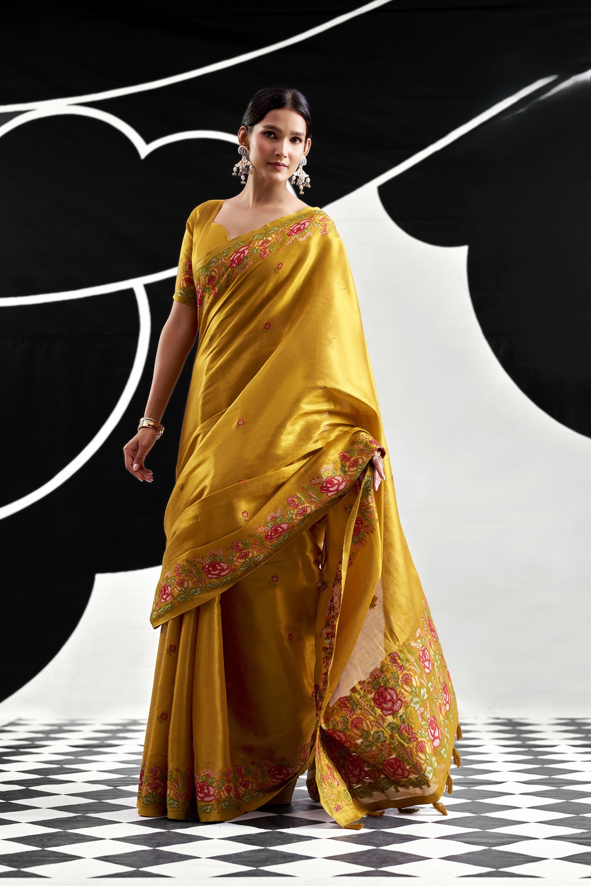 Honey Gold Tissue Silk Saree with Floral Embroidery