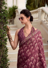 Dusky Rose Mul Silk Saree with Ivory Floral Motifs & Ornate Printed Border