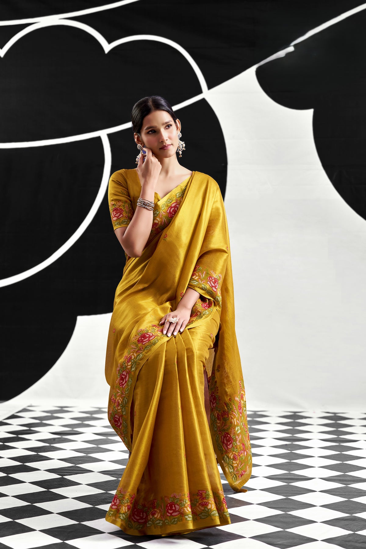 Honey Gold Tissue Silk Saree with Floral Embroidery