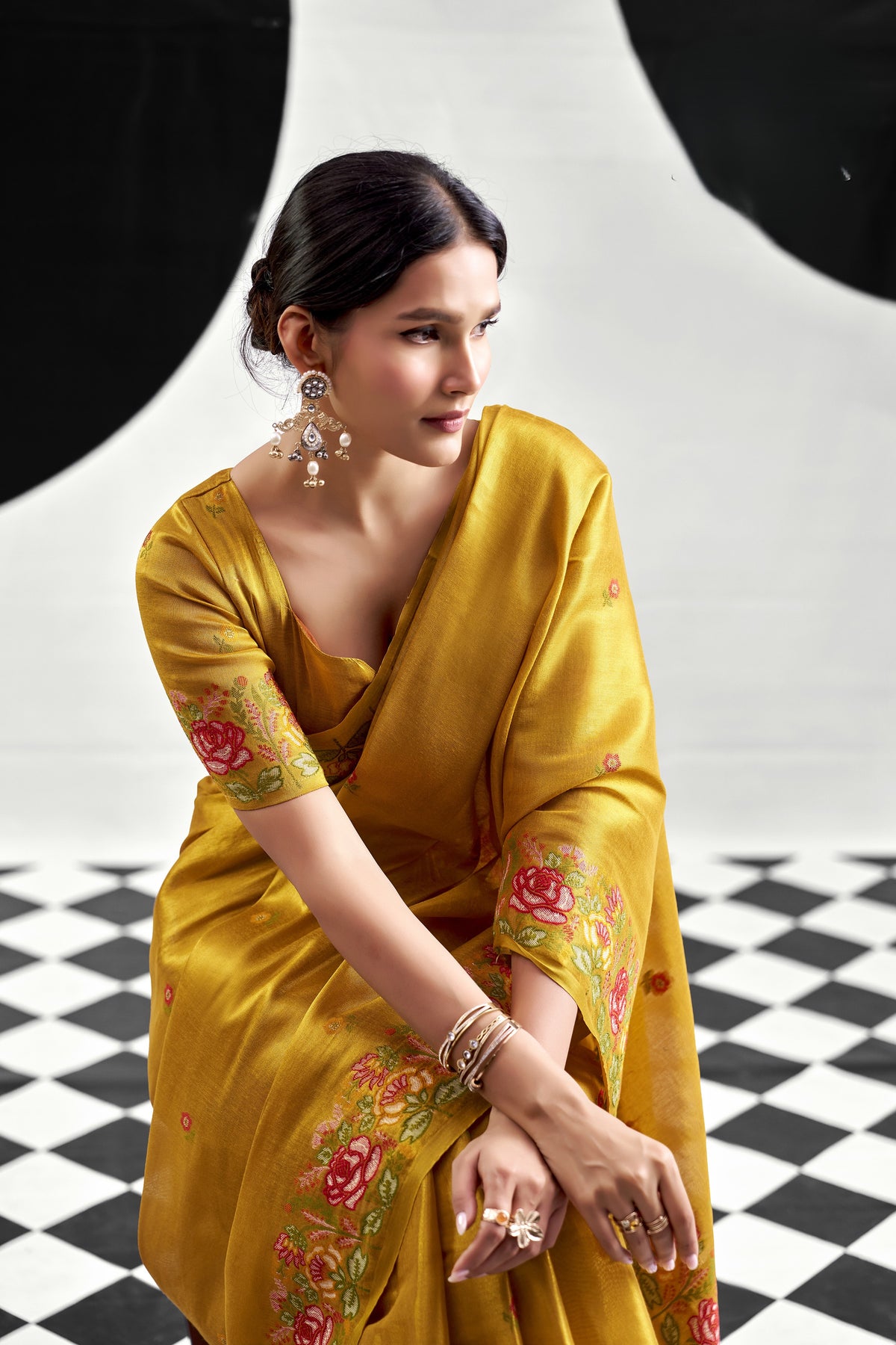 Honey Gold Tissue Silk Saree with Floral Embroidery
