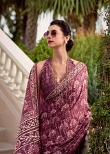Dusky Rose Mul Silk Saree with Ivory Floral Motifs & Ornate Printed Border