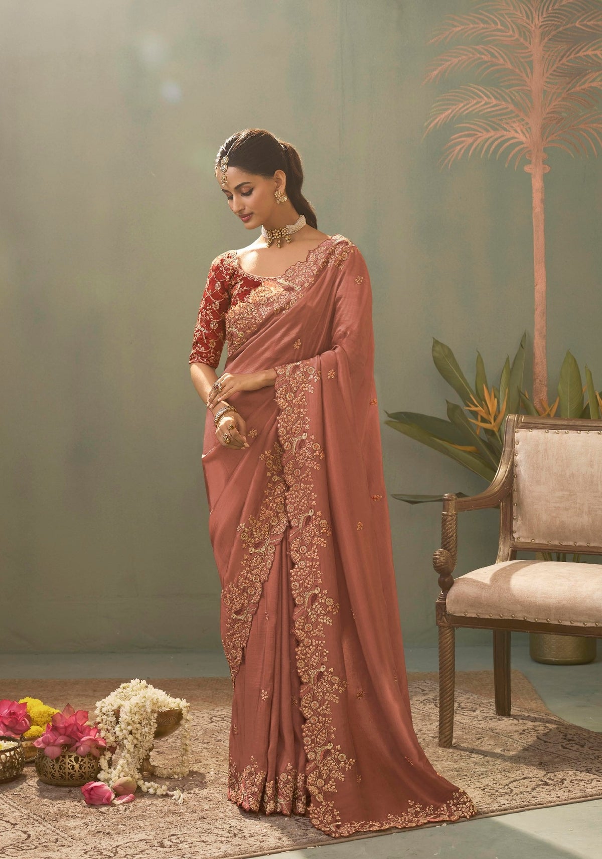 Peach Upada Silk Saree with Embroidered Lace Border & Designer Blouse