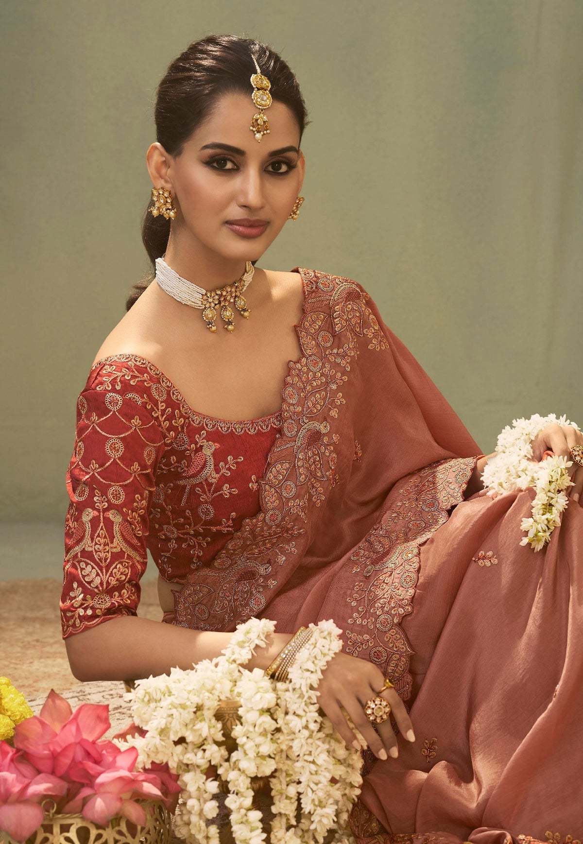 Peach Upada Silk Saree with Embroidered Lace Border & Designer Blouse