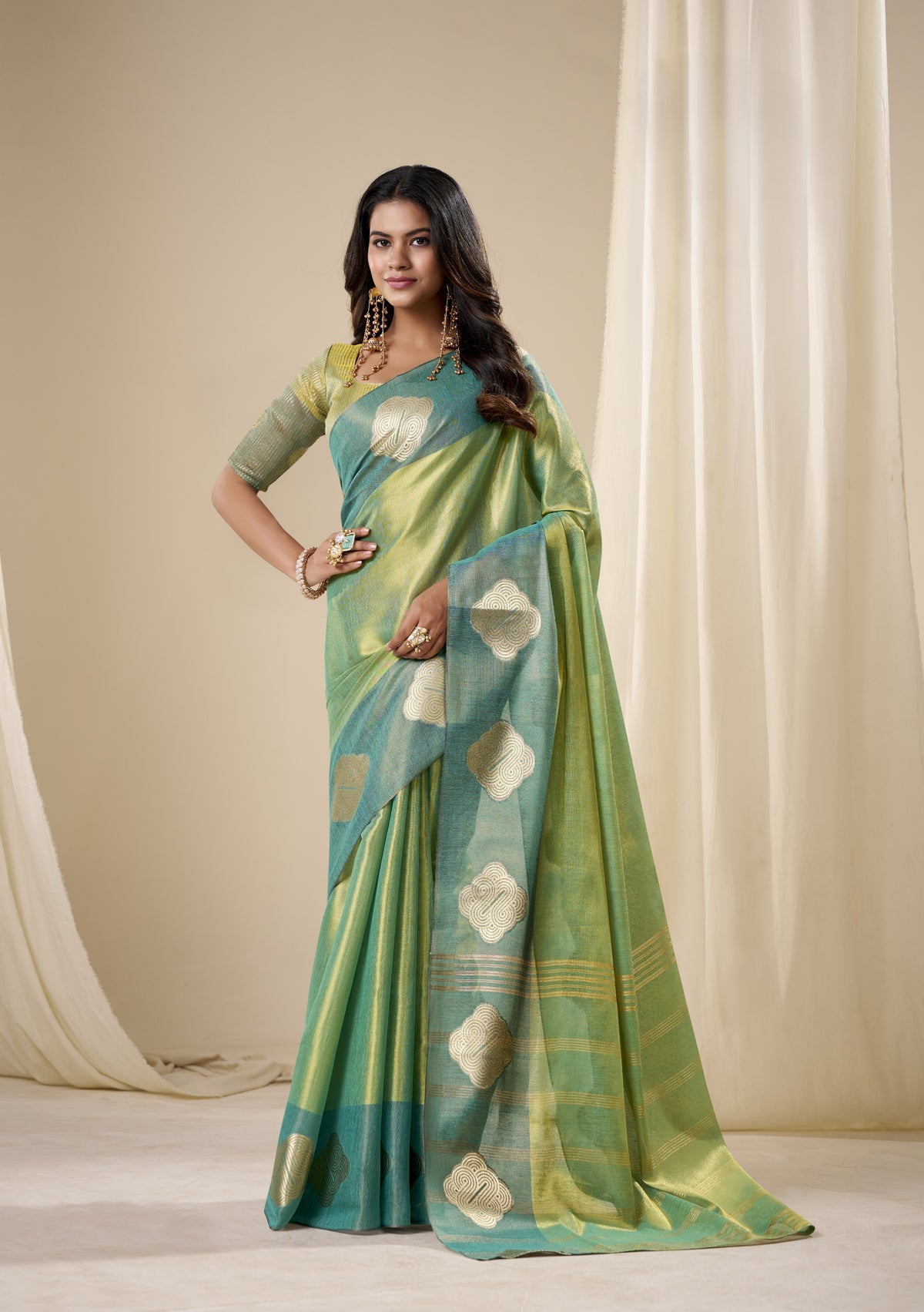 Light Green Handloom Tissue Silk Saree with Gold Woven Motifs