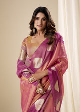 Rich Pink Handloom Tissue Silk Saree With Gold Woven Motifs