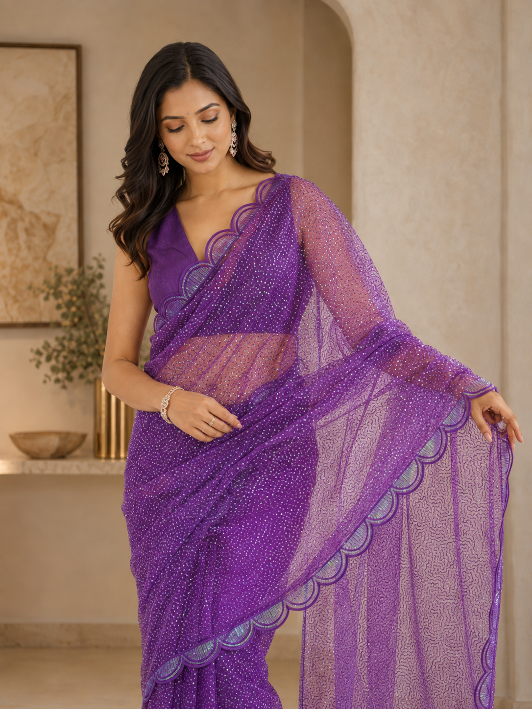 Purple Sequin Embroidered Net Saree with Scalloped Border
