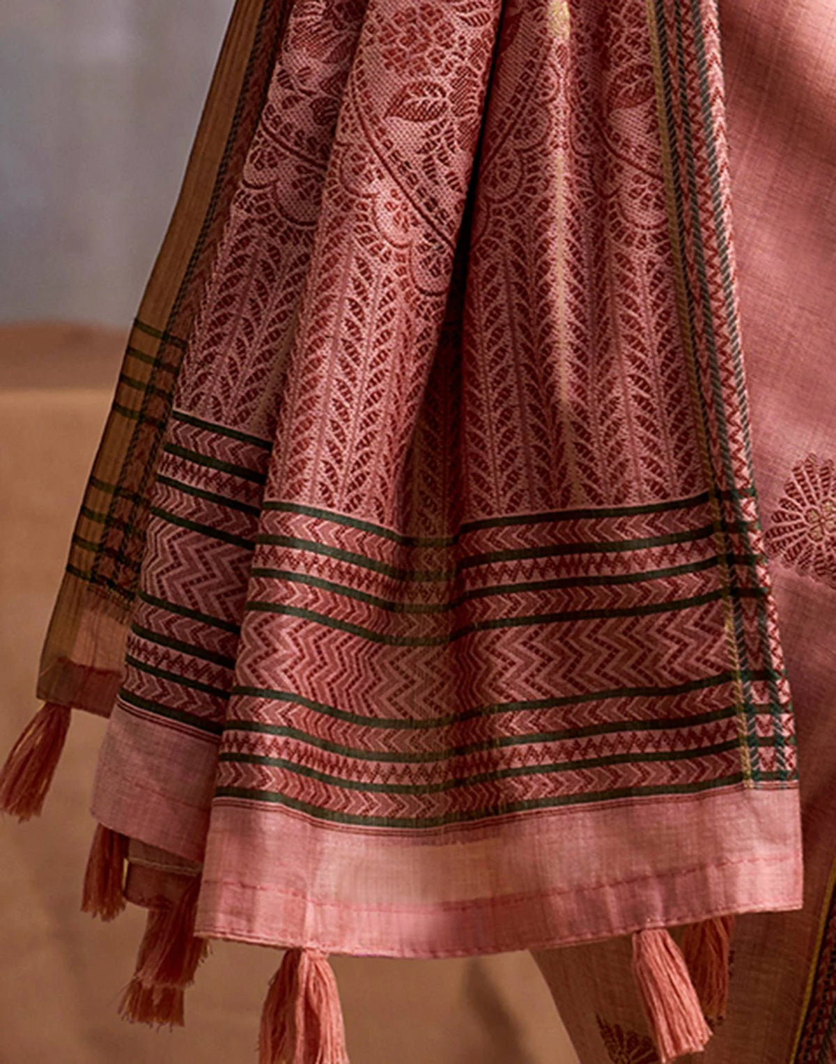 Peach Modal Cotton Saree with Floral Motifs & Traditional Tassel Pallu