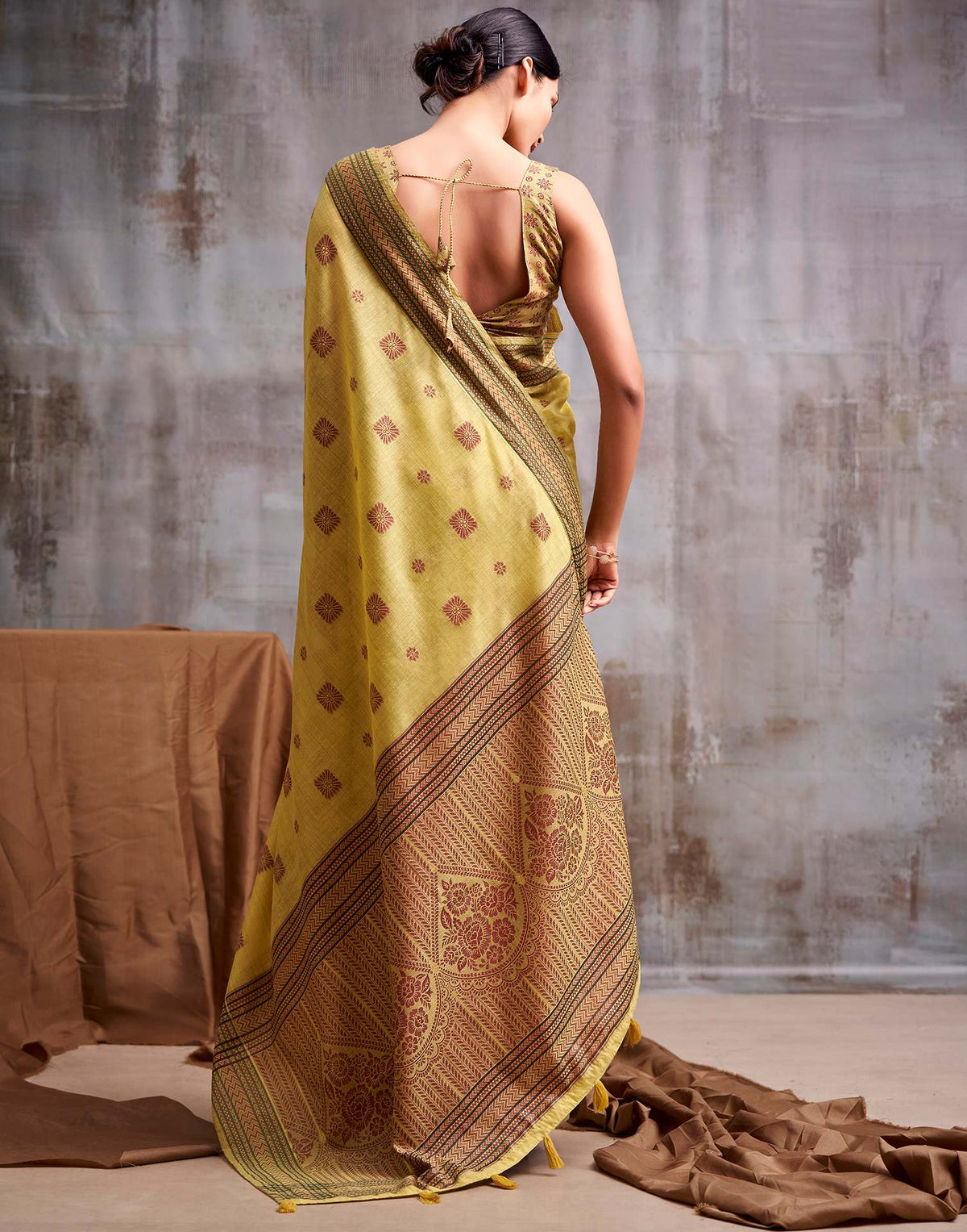 Yellow Modal Cotton Saree with Floral Motifs & Traditional Tassel Pallu