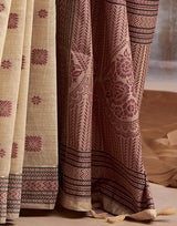 Classic Beige Modal Cotton Saree with Floral Motifs & Intricate Tassel Pallu