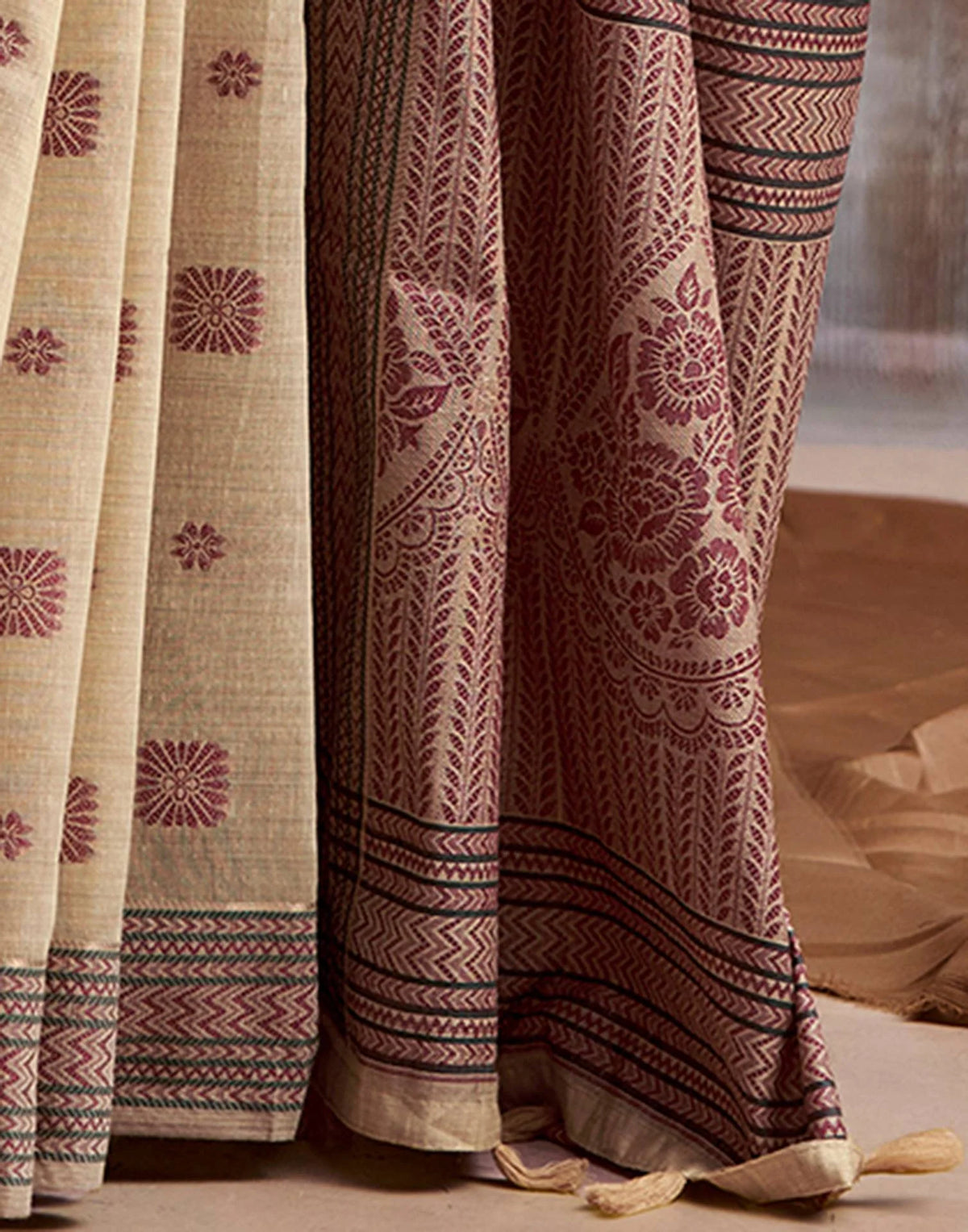 Classic Beige Modal Cotton Saree with Floral Motifs & Intricate Tassel Pallu