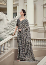 Black Pure Mul Silk Saree With Ivory Traditional Motifs
