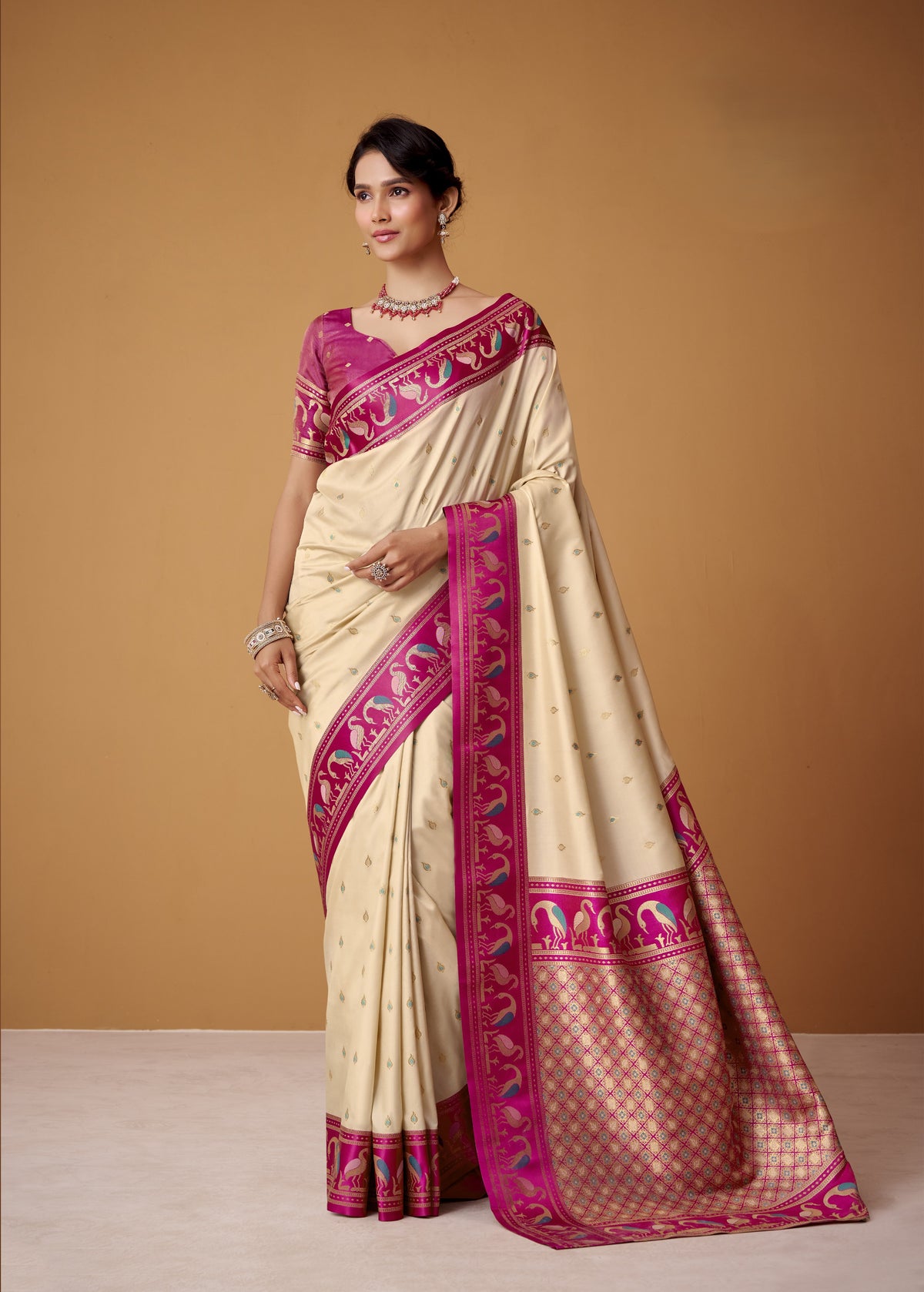 Cream Soft Satin Silk Saree With Pink Traditional Motif Border