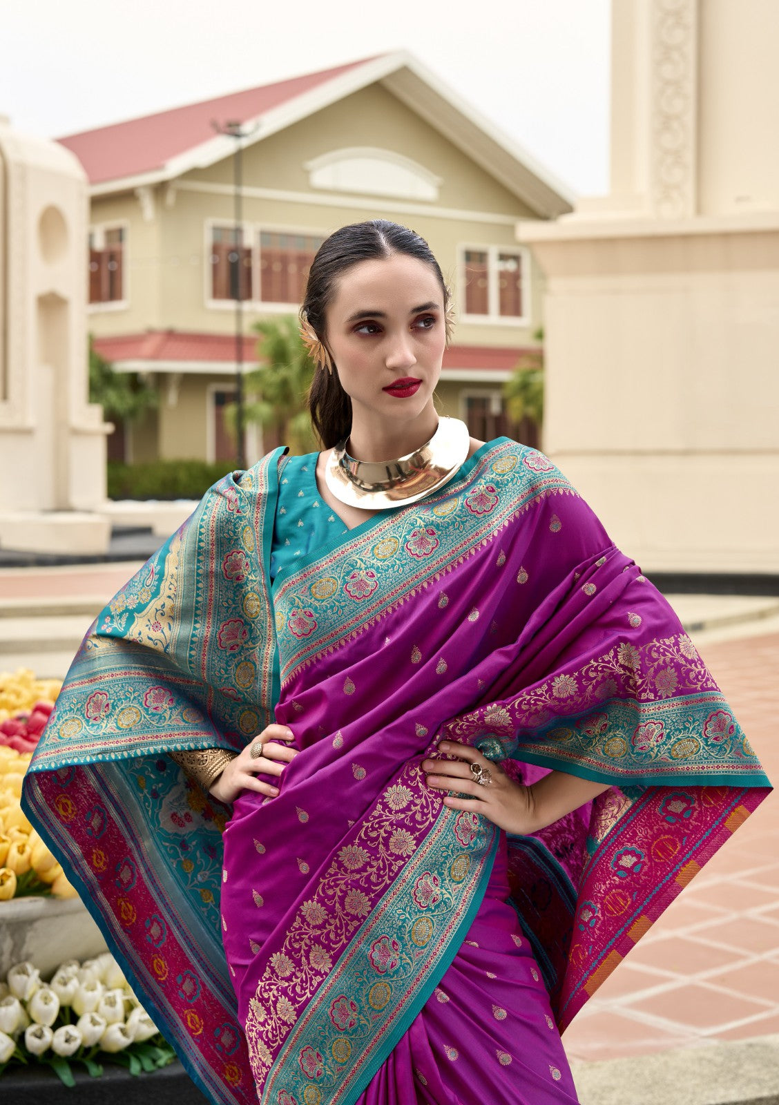 Rani Pink Pure Soft Banarasi Silk Saree with Turquoise Woven Border