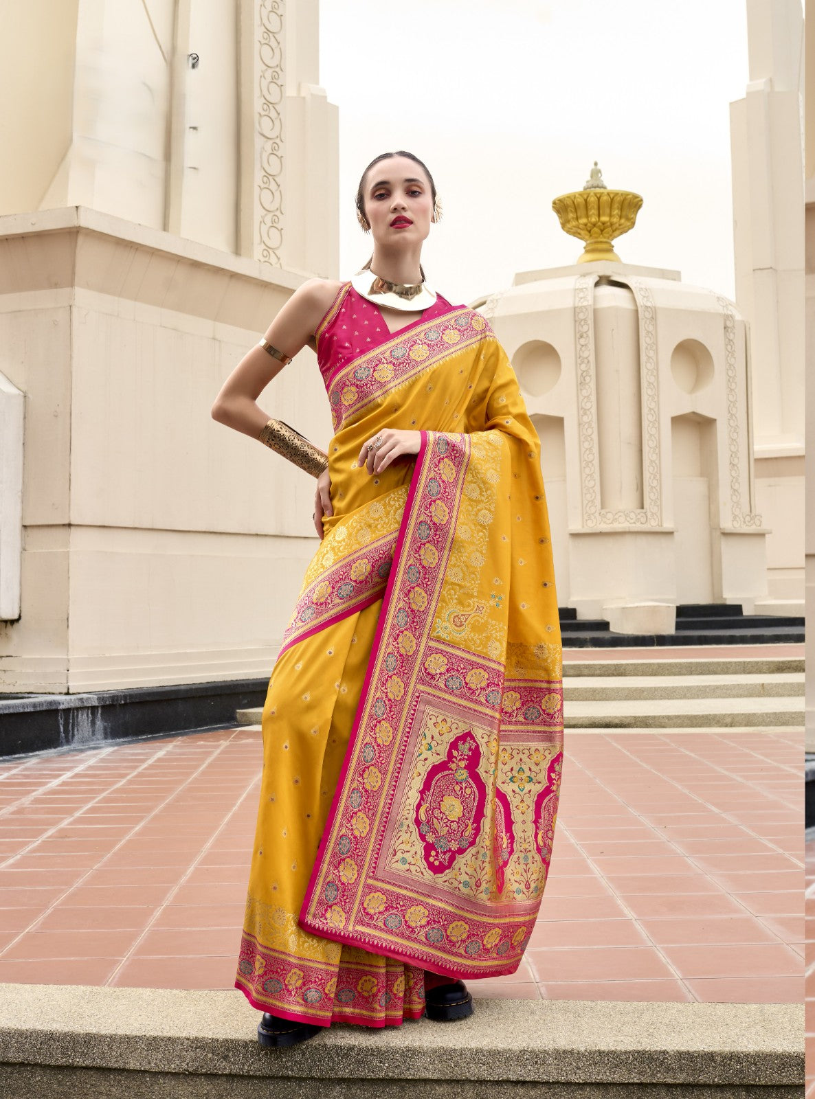 Mustard Yellow Pure Soft Banarasi Silk Saree with Rani Pink Woven Border