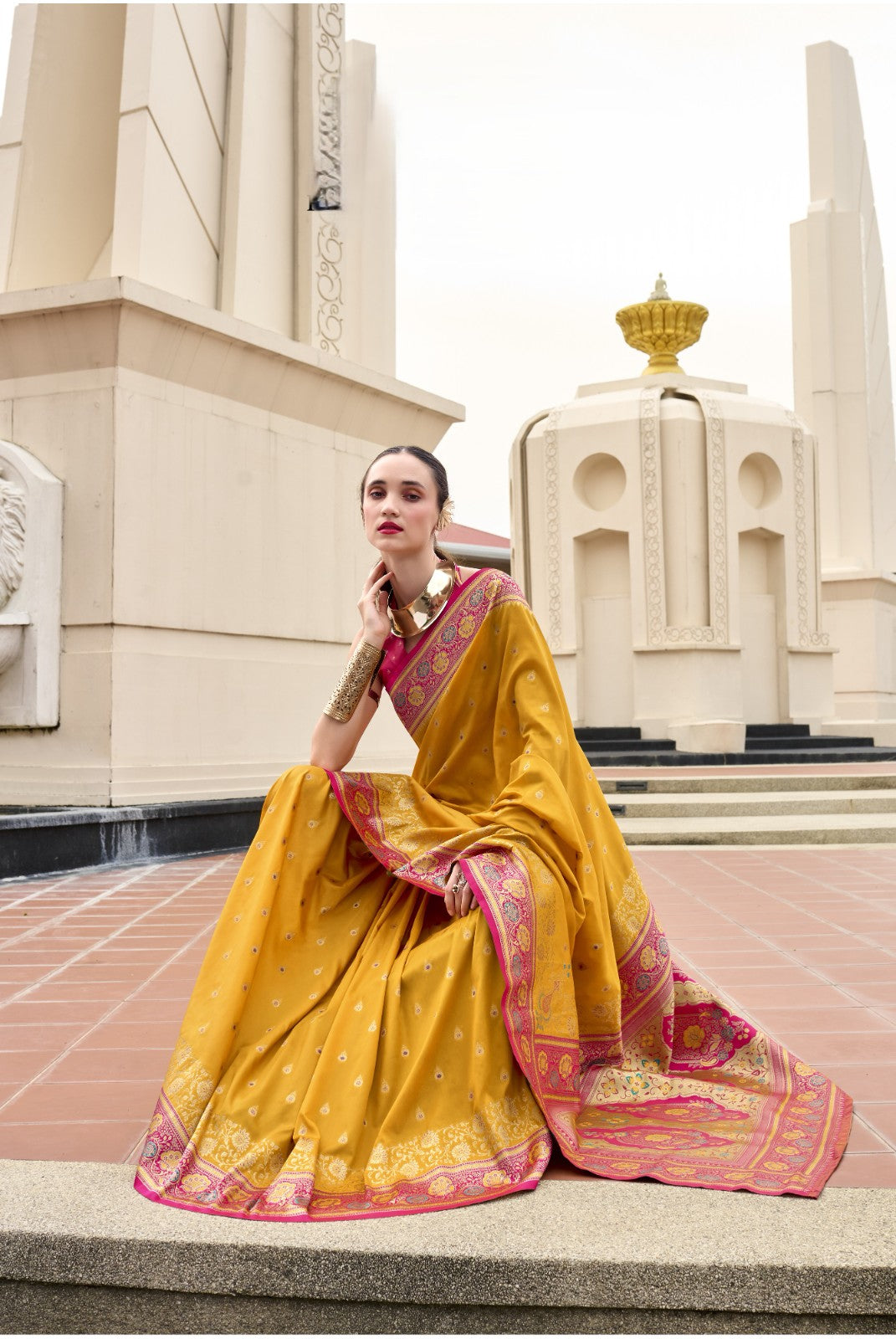 Mustard Yellow Pure Soft Banarasi Silk Saree with Rani Pink Woven Border