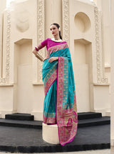 Turquoise Blue Pure Soft Banarasi Silk Saree with Rani Pink Woven Border