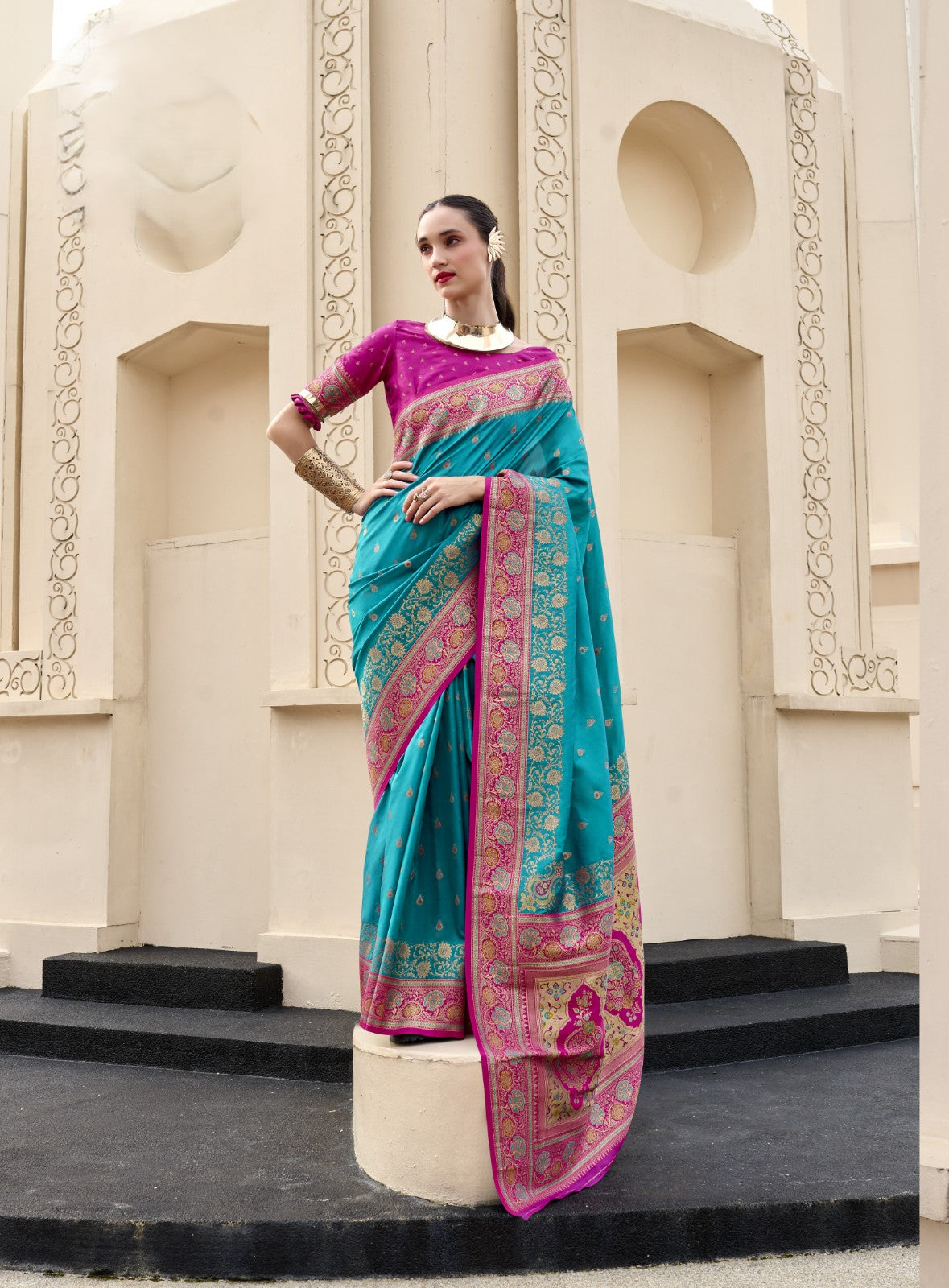 Turquoise Blue Pure Soft Banarasi Silk Saree with Rani Pink Woven Border