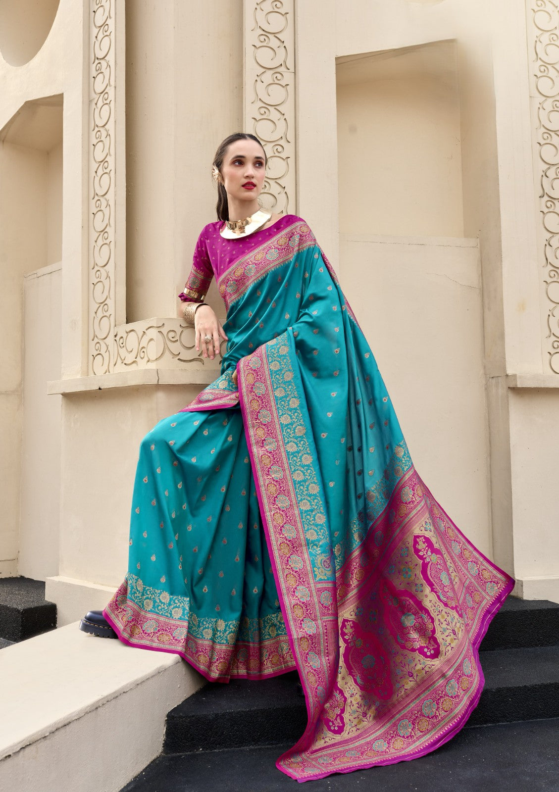 Turquoise Blue Pure Soft Banarasi Silk Saree with Rani Pink Woven Border