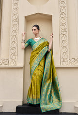 Mehendi Green Pure Soft Banarasi Silk Saree with Teal Woven Border