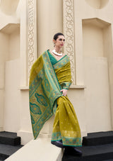Mehendi Green Pure Soft Banarasi Silk Saree with Teal Woven Border