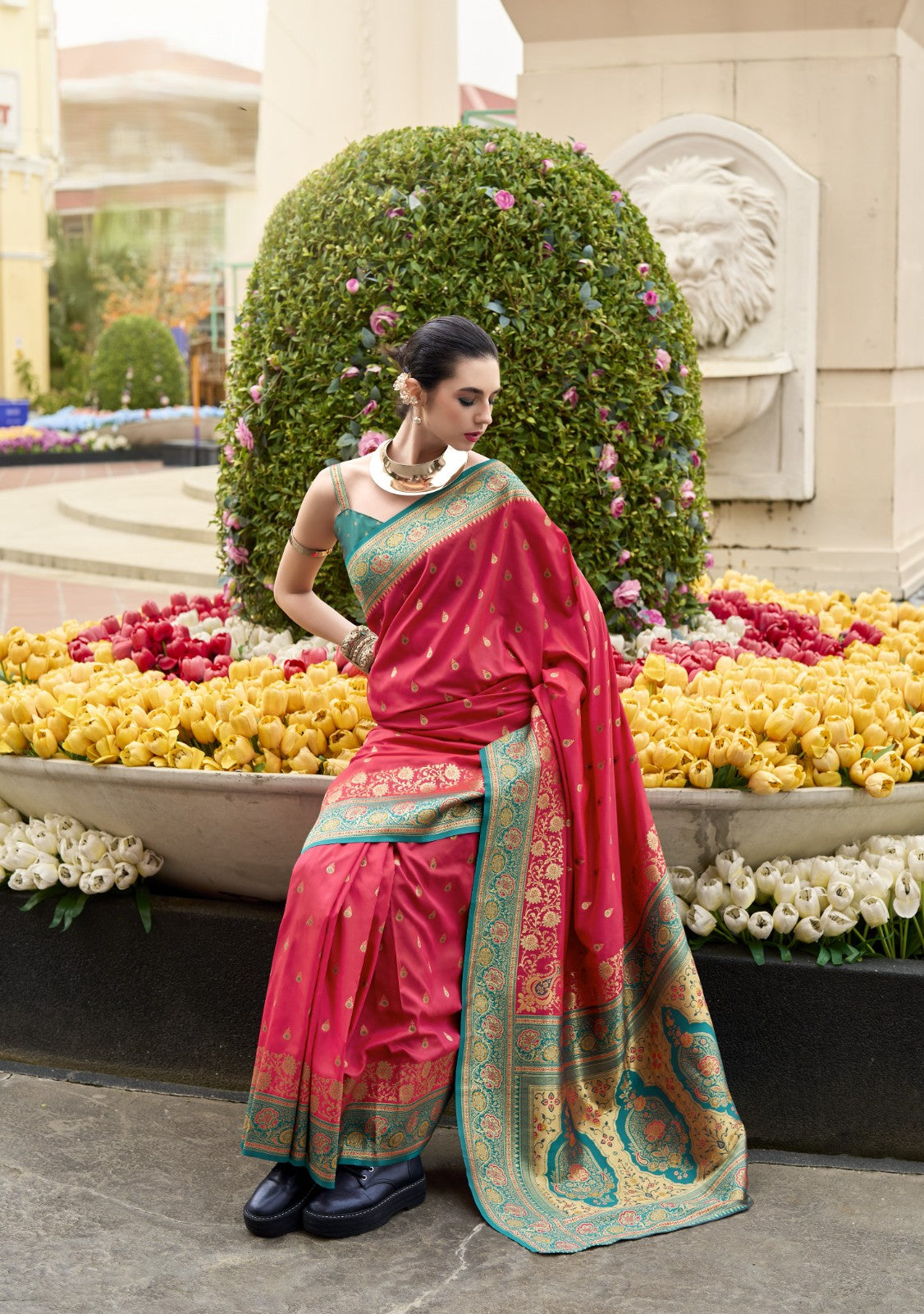 Ruby Pink Pure Soft Banarasi Silk Saree with Teal Woven Border