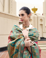 Ruby Pink Pure Soft Banarasi Silk Saree with Teal Woven Border