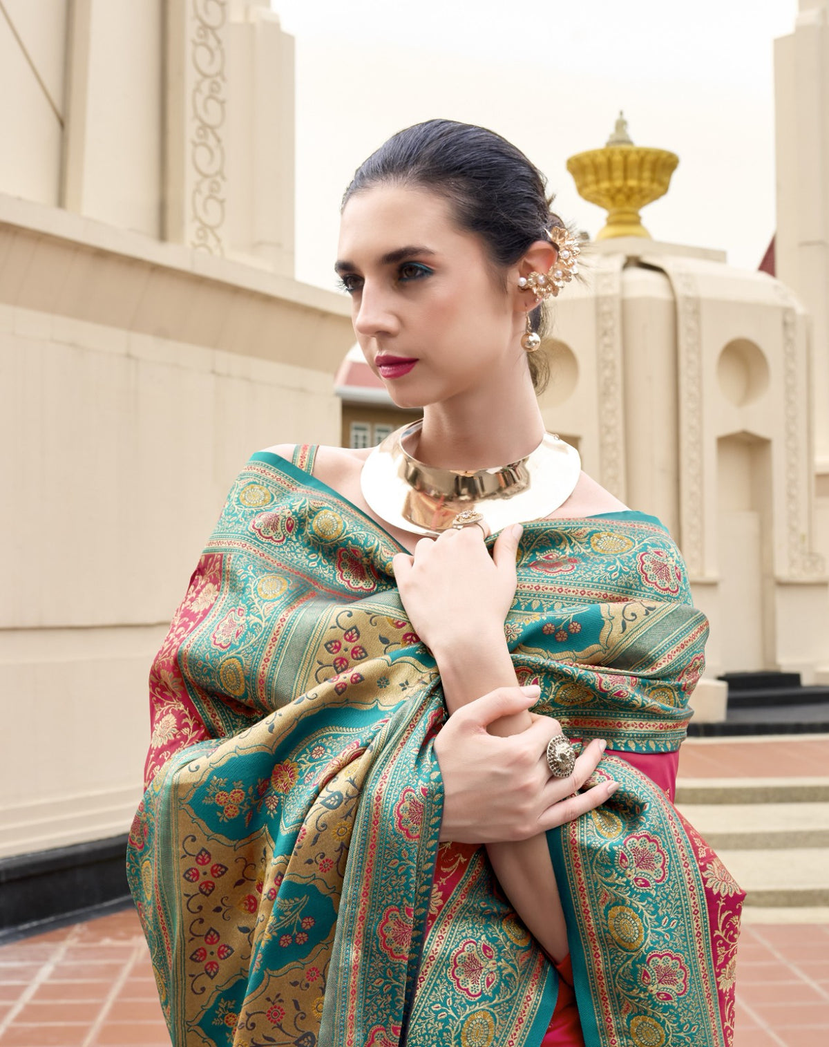 Ruby Pink Pure Soft Banarasi Silk Saree with Teal Woven Border