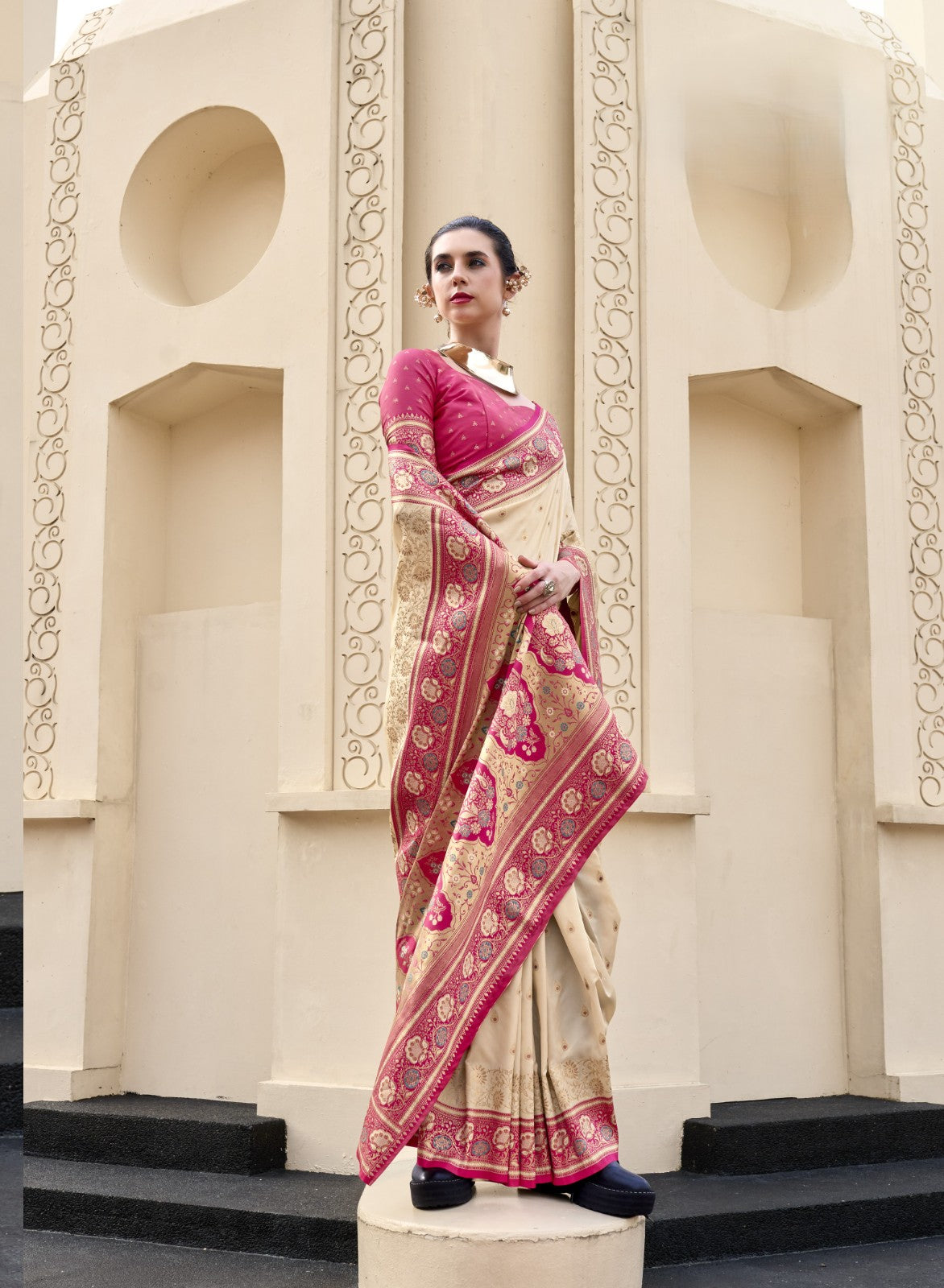 Ivory Pure Soft Banarasi Silk Saree with Ruby Pink Woven Border