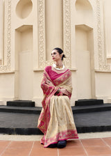 Ivory Pure Soft Banarasi Silk Saree with Ruby Pink Woven Border